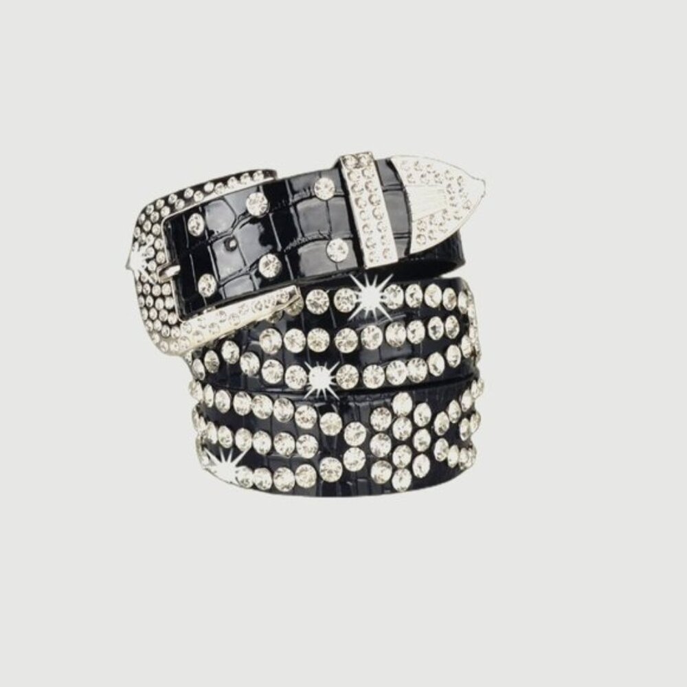 Black Vegan Crocodile Embossed Rhinestone Decor Belt 40 OFF